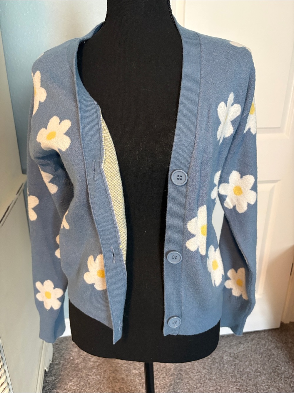 Blue Daisy-Print Button Cardigan Sweater